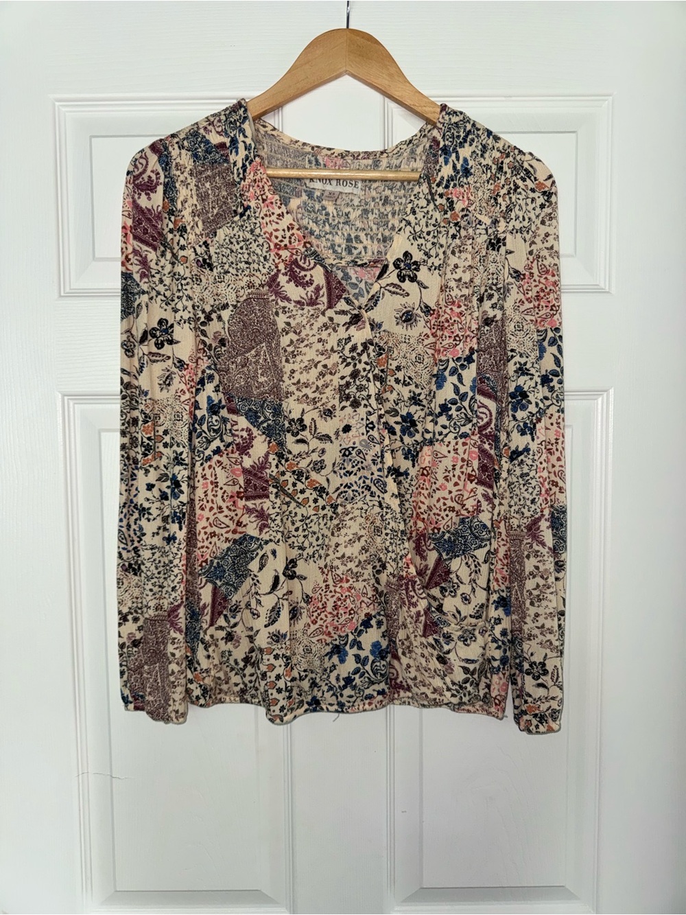 Knox Rose Cream Patchwork Floral V-Neck Long Sleeve Top